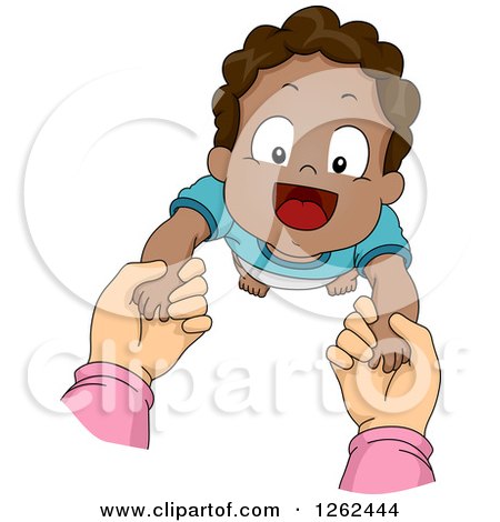 Clipart of White Hands Holding up a Black Toddler Boy While Taking First Steps - Royalty Free Vector Illustration by BNP Design Studio