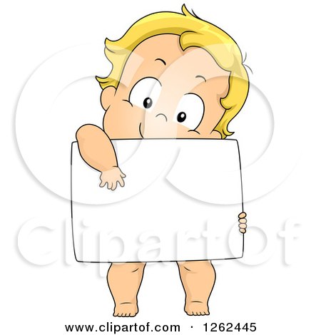 Clipart of a Blond White Toddler Boy Holding a Blank Sign - Royalty Free Vector Illustration by BNP Design Studio