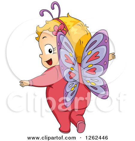 Clipart of a Blond White Toddler Girl Looking Back and Wearing a Butterfly Costume - Royalty Free Vector Illustration by BNP Design Studio