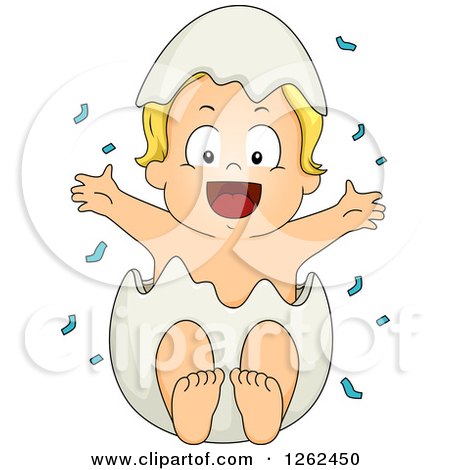 Clipart of a Blond White Toddler Boy Popping out of an Egg Shell with Blue Gender Reveal Confetti - Royalty Free Vector Illustration by BNP Design Studio