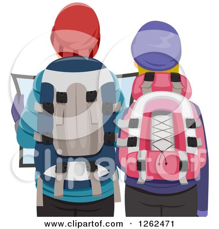 Clipart of a Rear View of a Winter Hiking Couple Viewing a Map - Royalty Free Vector Illustration by BNP Design Studio