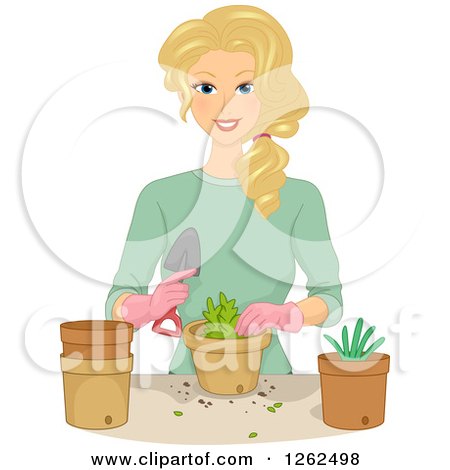 Clipart of a Blond White Woman Planting in Pots - Royalty Free Vector Illustration by BNP Design Studio