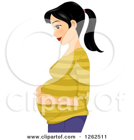 Clipart of a Happy Young Pregnant Asian Woman Looking down and Holding Her Belly - Royalty Free Vector Illustration by BNP Design Studio