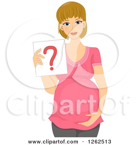 Clipart of a Happy Pregnant Blond White Woman Holding a Question Mark - Royalty Free Vector Illustration by BNP Design Studio