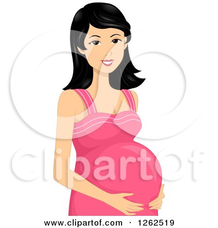 Clipart of a Happy Young Pregnant Asian Woman Holding Her Belly - Royalty Free Vector Illustration by BNP Design Studio