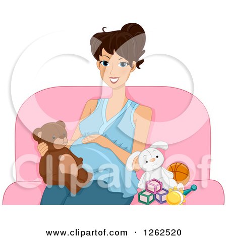 Clipart of a Happy Pregnant Brunette White Woman Sitting with a Teddy Bear and Baby Toys - Royalty Free Vector Illustration by BNP Design Studio
