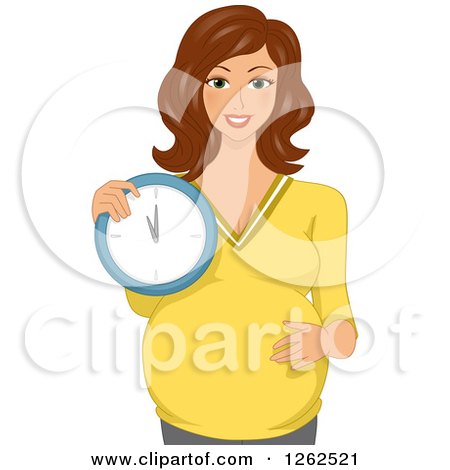 Clipart of a Happy Brunette Pregnant White Woman Holding a Clock - Royalty Free Vector Illustration by BNP Design Studio