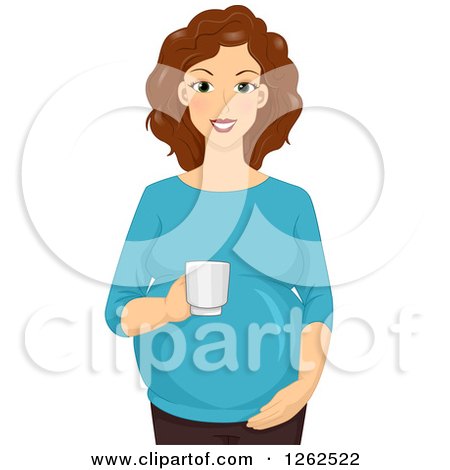 Clipart of a Happy Pregnant Brunette White Woman Holding a Hot Beverage - Royalty Free Vector Illustration by BNP Design Studio