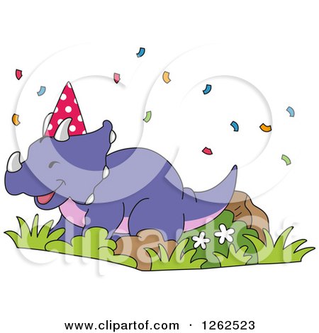 Clipart of a Birthday Triceratops Dinosaur with Confetti - Royalty Free Vector Illustration by BNP Design Studio