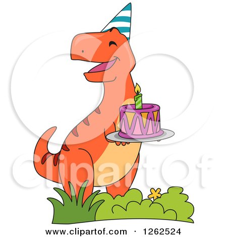 Clipart of a Birthday Orange T Rex Dinosaur with a Cake - Royalty Free Vector Illustration by BNP Design Studio