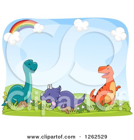 Clipart of a Rainbow and Sky Background with Happy Dinosaurs - Royalty Free Vector Illustration by BNP Design Studio