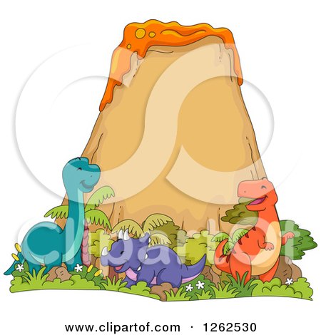 Clipart of Happy Dinosaurs at a Volcano - Royalty Free Vector Illustration by BNP Design Studio