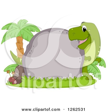 Clipart of a Cute Tyrannosaurus Rex Looking Around a Boulder with Text Space - Royalty Free Vector Illustration by BNP Design Studio