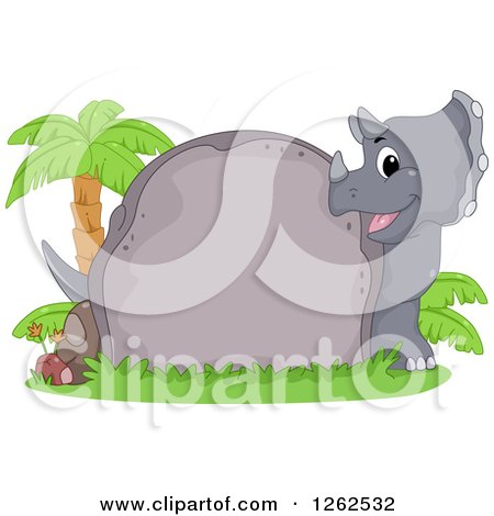 Clipart of a Cute Triceratops Looking Around a Boulder with Text Space - Royalty Free Vector Illustration by BNP Design Studio