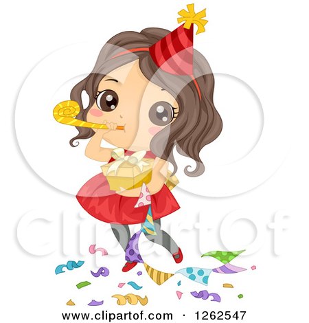 Clipart of a Cute Brunette Caucasian Girl Blowing a Noise Maker at a Party - Royalty Free Vector Illustration by BNP Design Studio