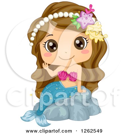 Clipart of a Cute Brunette White Girl Waving in a Mermaid Costume - Royalty Free Vector Illustration by BNP Design Studio