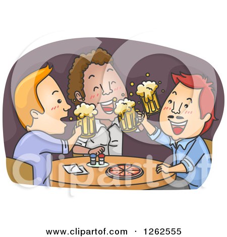 Clipart of Men Cheering with Beer over Pizza in a Pub - Royalty Free Vector Illustration by BNP Design Studio