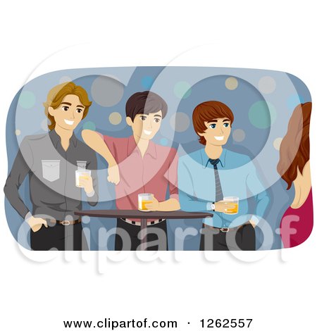 Clipart of Three Young Men with Beer Watching a Woman in a Club - Royalty Free Vector Illustration by BNP Design Studio