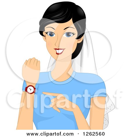Clipart of a Happy Young Asian Bride Wearing a Veil and Pointing to Her Watch - Royalty Free Vector Illustration by BNP Design Studio
