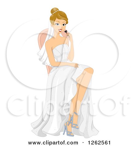 Clipart of a Happy Blond White Bride Sitting and Applying Makeup - Royalty Free Vector Illustration by BNP Design Studio