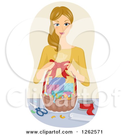 Clipart of a Blond Caucasian Woman Assembling a Gift Basket - Royalty Free Vector Illustration by BNP Design Studio