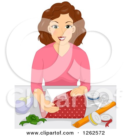 Clipart of a Brunette Caucasian Woman Wrapping a Gift - Royalty Free Vector Illustration by BNP Design Studio
