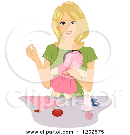 Clipart of a Blond Caucasian Woman Sewing a Doll - Royalty Free Vector Illustration by BNP Design Studio