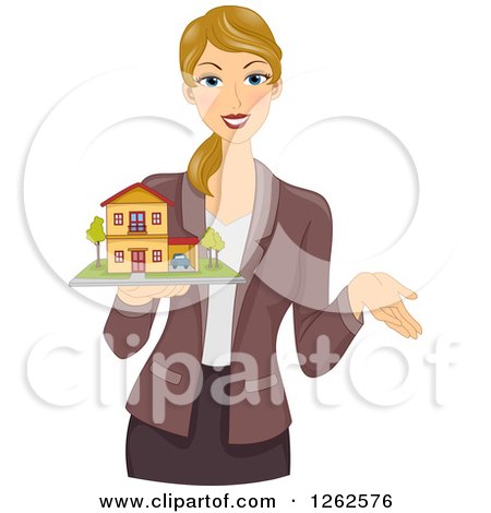 Clipart of a Blond Caucasian Woman Holding a Model House - Royalty Free Vector Illustration by BNP Design Studio