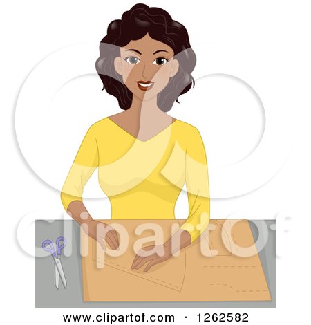 Clipart of a Happy Black Woman Tracing a Sewing Pattern - Royalty Free Vector Illustration by BNP Design Studio