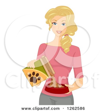 Clipart of a Blond Caucasian Woman Pouring Dog Food - Royalty Free Vector Illustration by BNP Design Studio