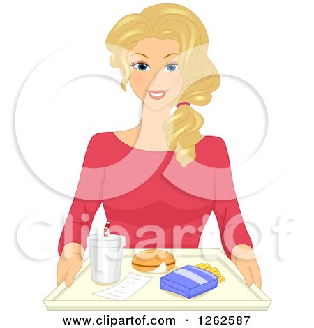 Clipart of a Blond Caucasian Woman Carrying a Tray with Fast Food - Royalty Free Vector Illustration by BNP Design Studio