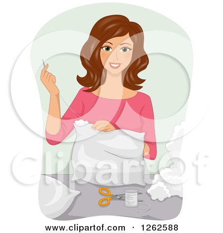 Clipart of a Brunette Caucasian Woman Sewing a Pillow - Royalty Free Vector Illustration by BNP Design Studio