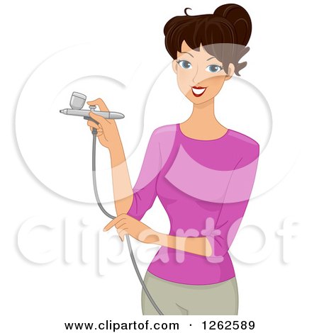 Clipart of a Brunette Caucasian Woman Using an Airbrush - Royalty Free Vector Illustration by BNP Design Studio