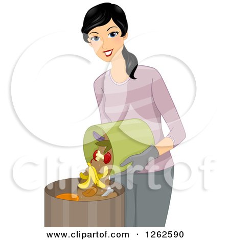 Clipart of a Happy Woman Puring Compost in a Bin - Royalty Free Vector Illustration by BNP Design Studio