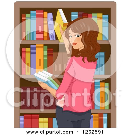 Clipart of a Brunette Caucasian Woman Grabbing Books in a Library - Royalty Free Vector Illustration by BNP Design Studio