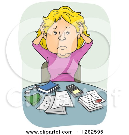 Clipart of a Blond White Woman Pulling Her Hair and Going over Finances - Royalty Free Vector Illustration by BNP Design Studio