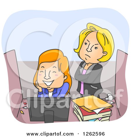 Clipart of a Mad Boss Standing Behind an Employee Playing at Her Desk - Royalty Free Vector Illustration by BNP Design Studio