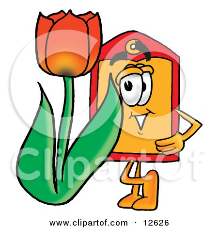Clipart Picture of a Price Tag Mascot Cartoon Character With a Red Tulip Flower in the Spring by Mascot Junction