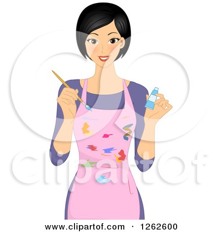 Clipart of a Happy Woman Artist Holding Paint and Wearing a Splattered Apron - Royalty Free Vector Illustration by BNP Design Studio