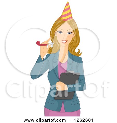 Clipart of a Blond White Woman Holding a Clipboard and Wearing a Party Hat - Royalty Free Vector Illustration by BNP Design Studio
