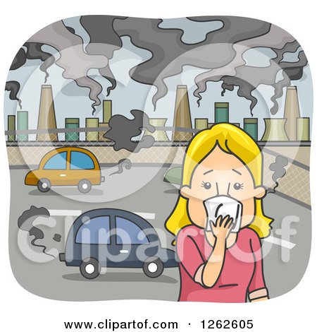 Clipart of a Blond White Woman Covering Her Nose in a Polluted City - Royalty Free Vector Illustration by BNP Design Studio