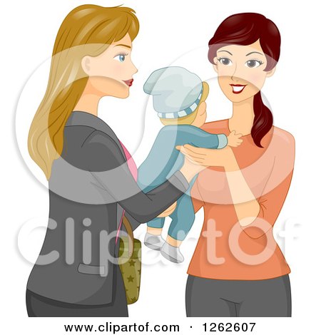 Clipart of a Blond Caucasian Mother Handing Her Baby over to a Sitter - Royalty Free Vector Illustration by BNP Design Studio