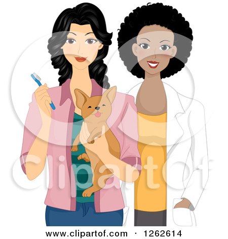 Clipart of a Female Veterinarian with a Dog and the Owner Holding a Toothbrush - Royalty Free Vector Illustration by BNP Design Studio