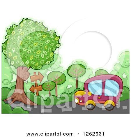Clipart of a Car Following Arrow Signs Along a Country Road - Royalty Free Vector Illustration by BNP Design Studio
