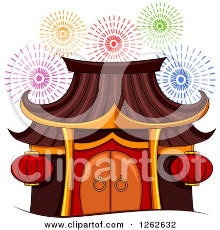 Clipart of a Pagoda and Fireworks - Royalty Free Vector Illustration by BNP Design Studio