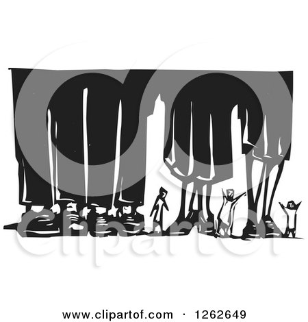 Clipart of Black and White Woodcut Tiny People Under Giant Feet - Royalty Free Vector Illustration by xunantunich