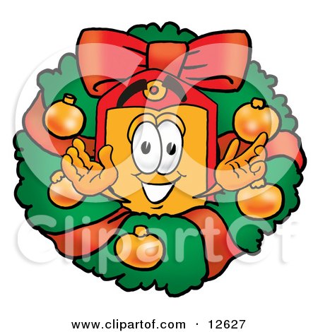 Clipart Picture of a Price Tag Mascot Cartoon Character in the Center of a Christmas Wreath by Mascot Junction