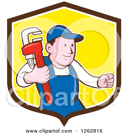 Clipart of a Cartoon Caucasian Male Plumber Holding a Monkey Wrench in a Brown White and Yellow Shield - Royalty Free Vector Illustration by patrimonio