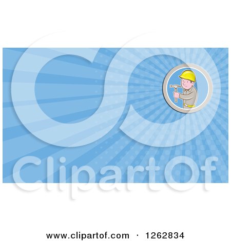 Clipart of a Cartoon Carpenter Holding a Hammer and Rays Business Card Design - Royalty Free Vector Illustration by patrimonio