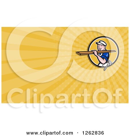 Clipart of a Cartoon Carpenter Carrying Lumber and Rays Business Card Design - Royalty Free Vector Illustration by patrimonio